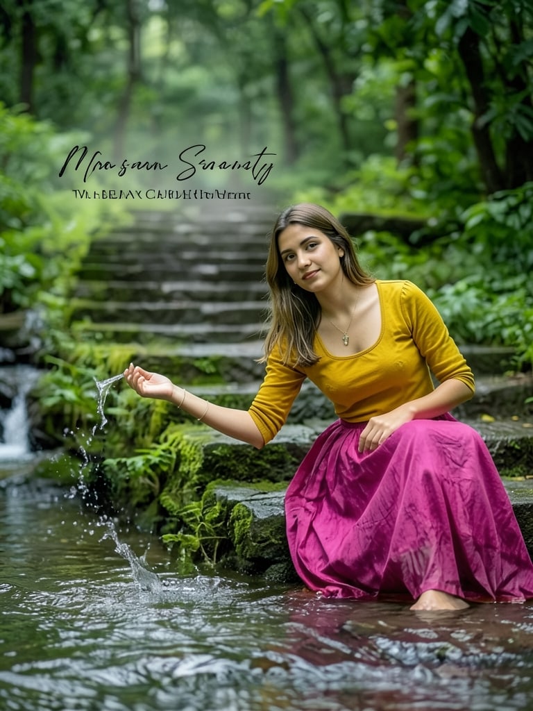 Preview of Young woman sitting beside a flowing forest stream