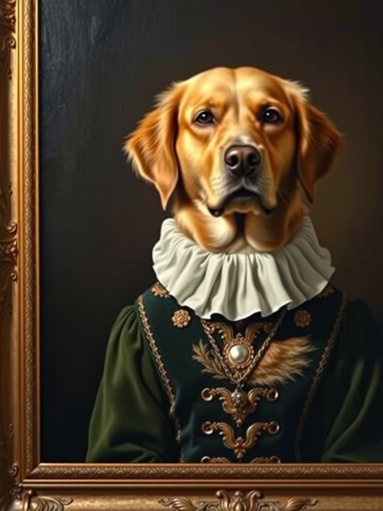 Preview of GPT Image prompt: Renaissance pet portrait that actually keeps the pet's face