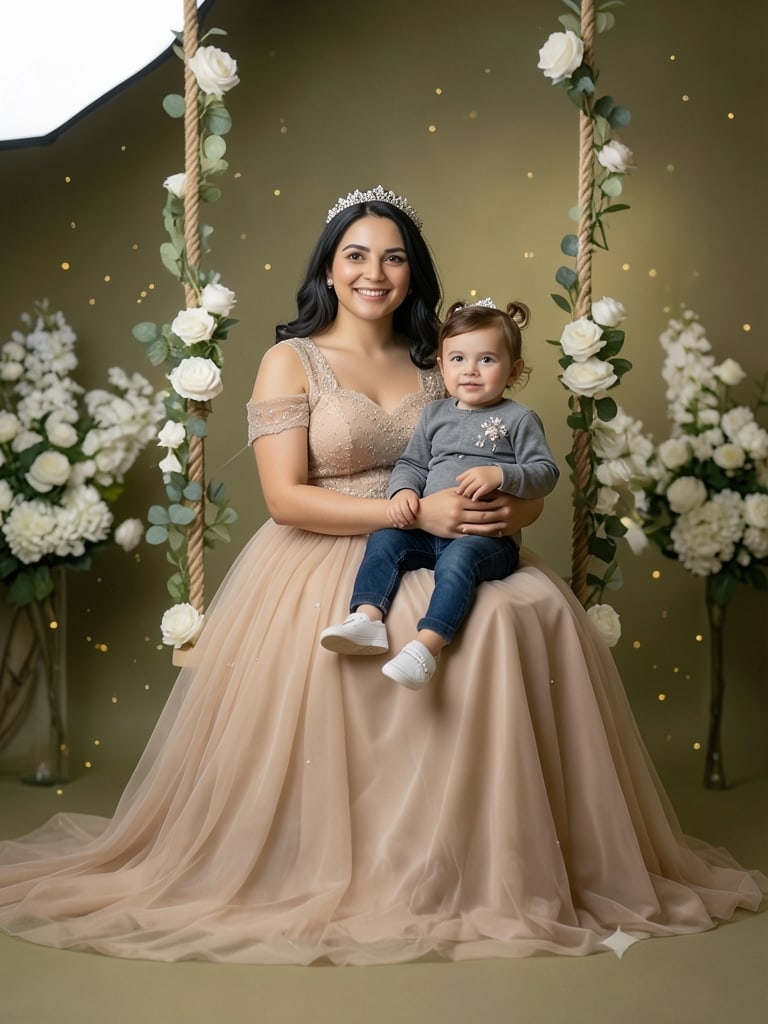 Preview of Mother and toddler posing together on a floral swing in a beautifully styled studio