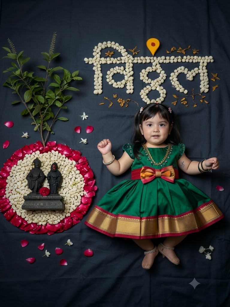 Preview of Vitthal Devotional Ashadhi Ekadashi Girl Photoshoot with Floral Flat Lay