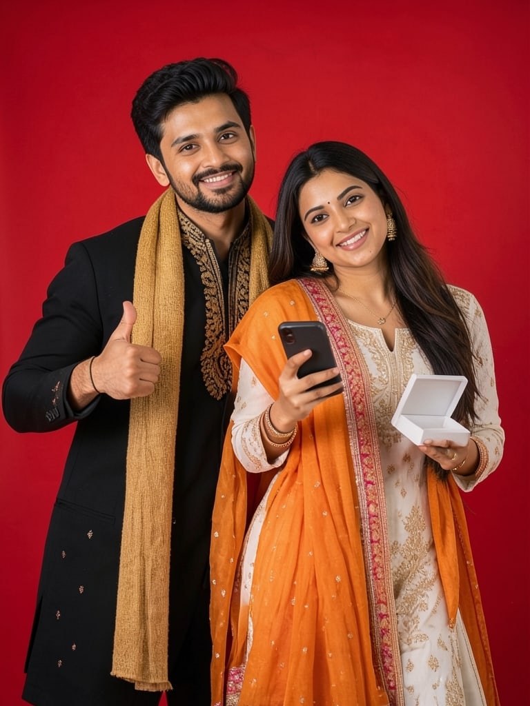 Preview of Indian couple posing together against a vibrant red studio background