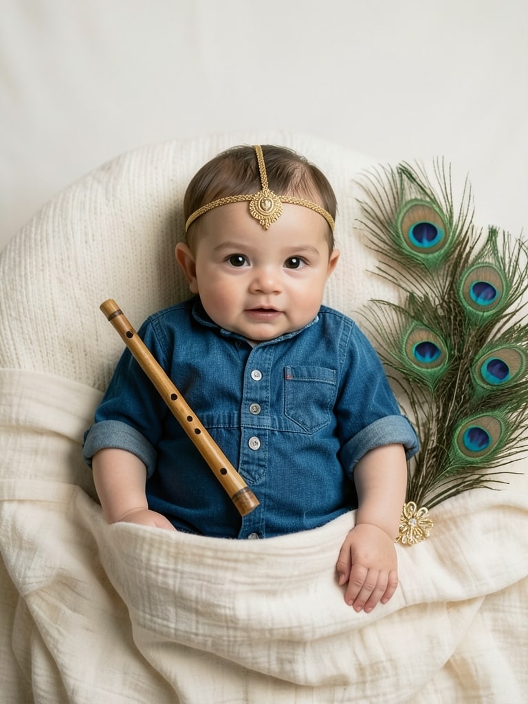 Preview of Sleeping Krishna Baby Photoshoot With Flute And Peacock Feathers