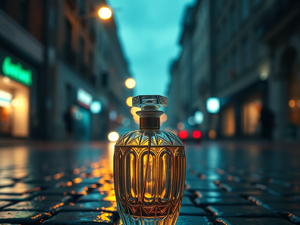 Preview of Cinematic Glass Perfume Bottle Street Shot