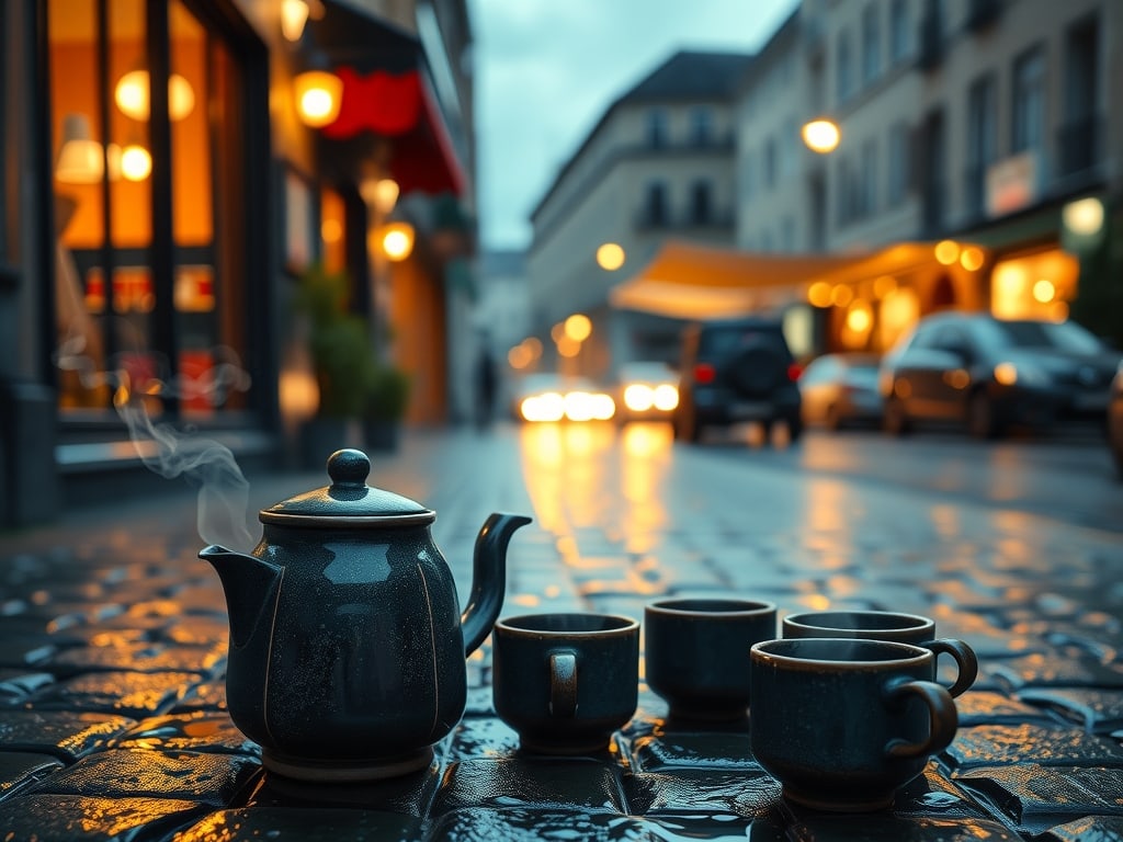 Preview of Cinematic Ceramic Tea Set Street Shot