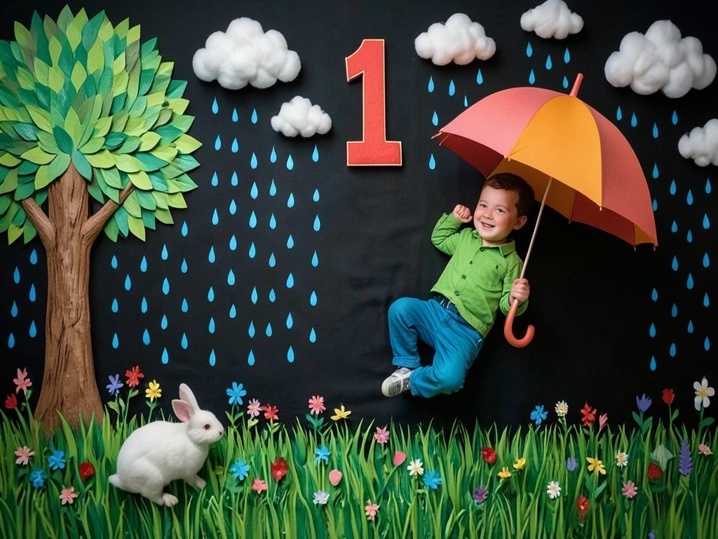 Preview rendered from “Baby lying beneath a colorful umbrella in a creative flat-lay first birthday setup featuring paper rain clouds”