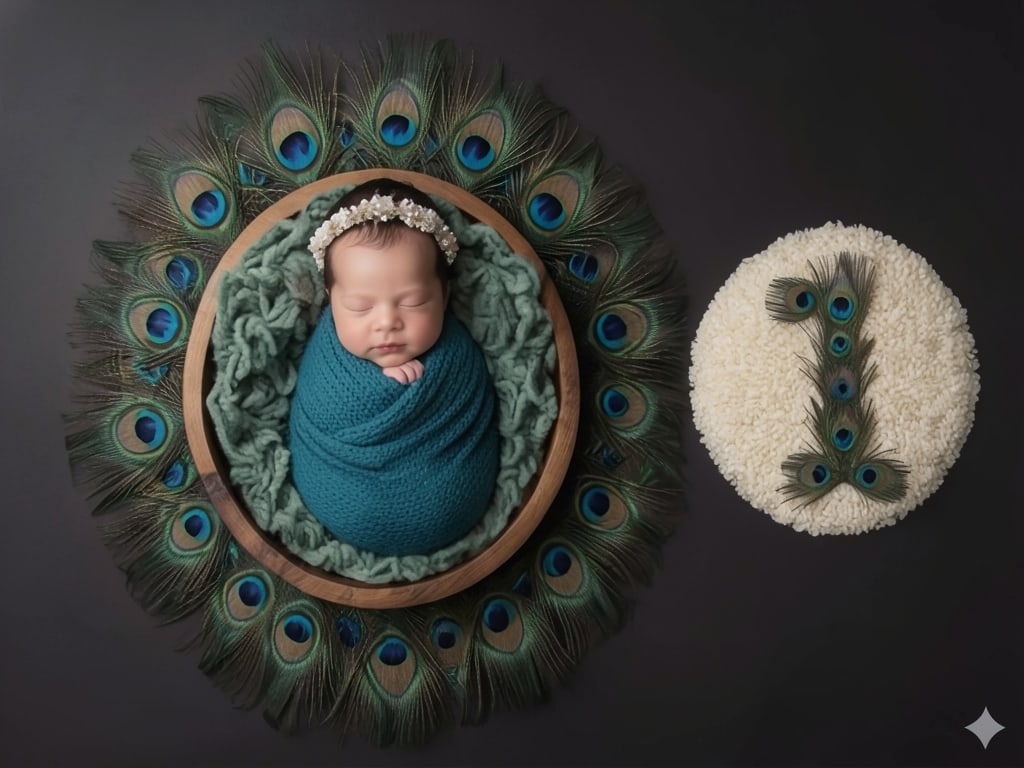 Preview of Baby 1 Month Photoshoot with Peacock Feather Theme