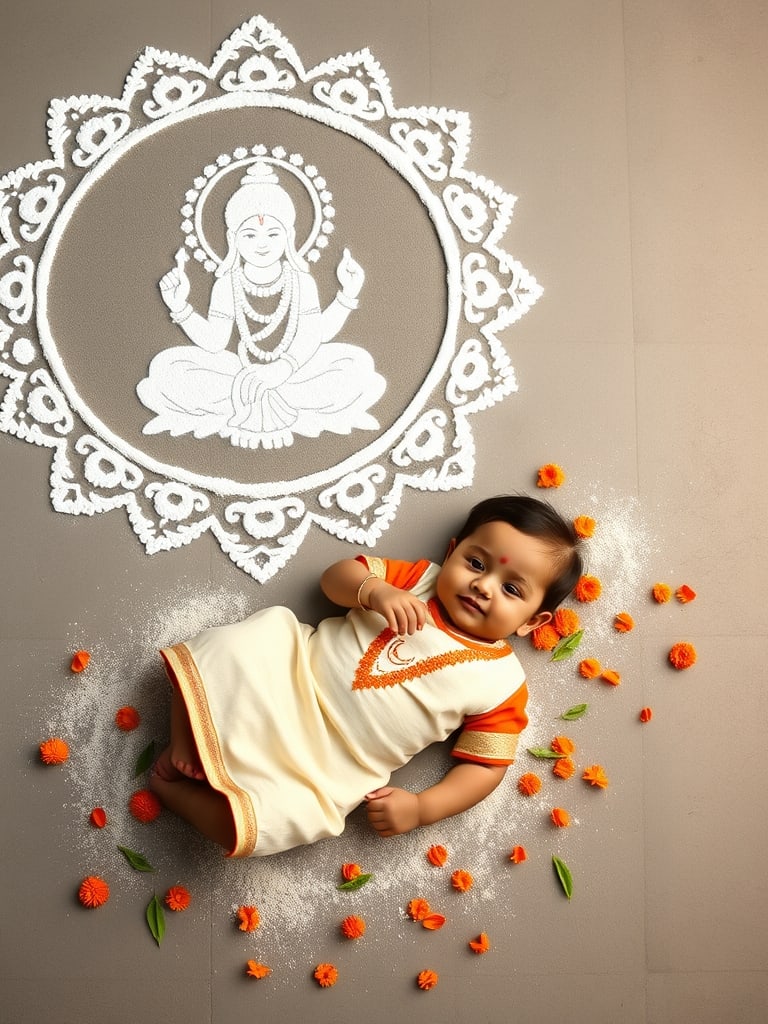 Preview of Ashadhi Ekadashi Baby Boy Theme Photoshoot with Lord Vitthal Rangoli | AI Image