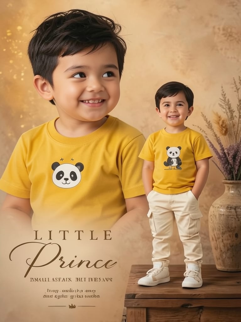 Preview of Cute baby boy in a yellow panda T-shirt and cream cargo pants featured in a Little Prince themed portrait with