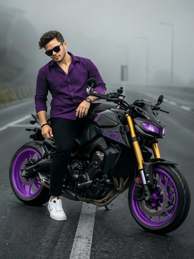 Preview rendered from “Motorcyclist on foggy road”