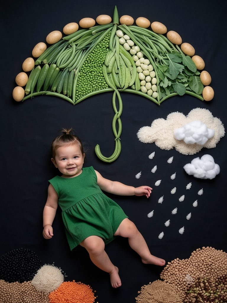 Preview rendered from “Baby girl lying beneath a creative umbrella made from fresh vegetables”