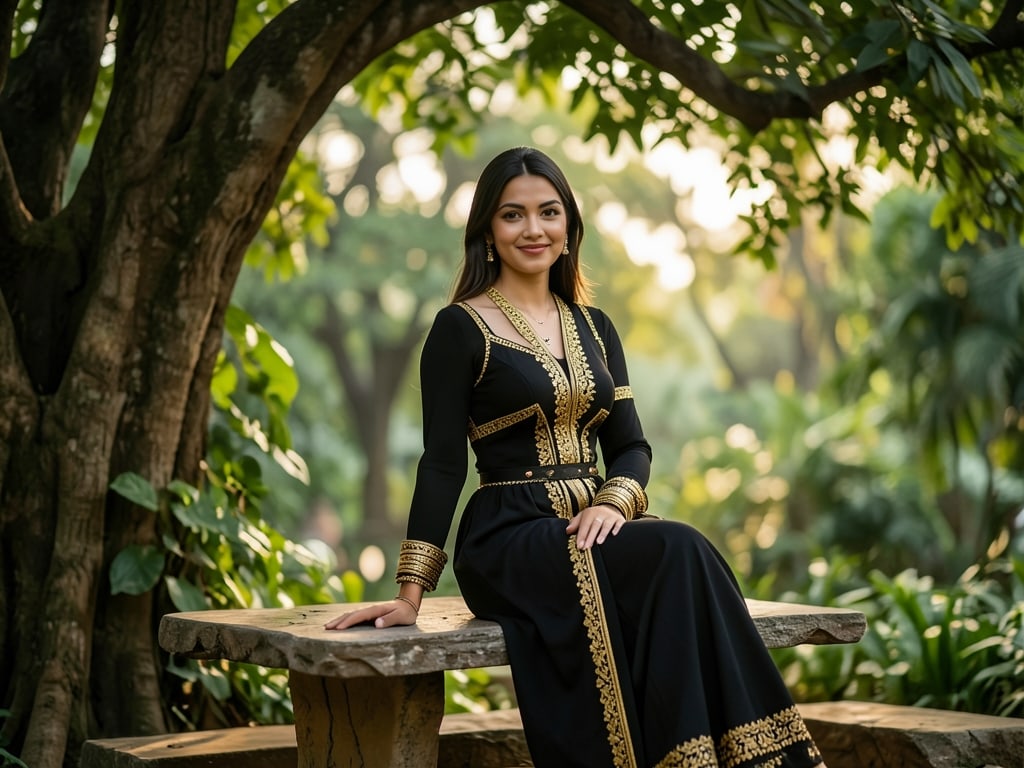 Preview of Traditional Black Saree Photoshoot Pose On Garden Bench