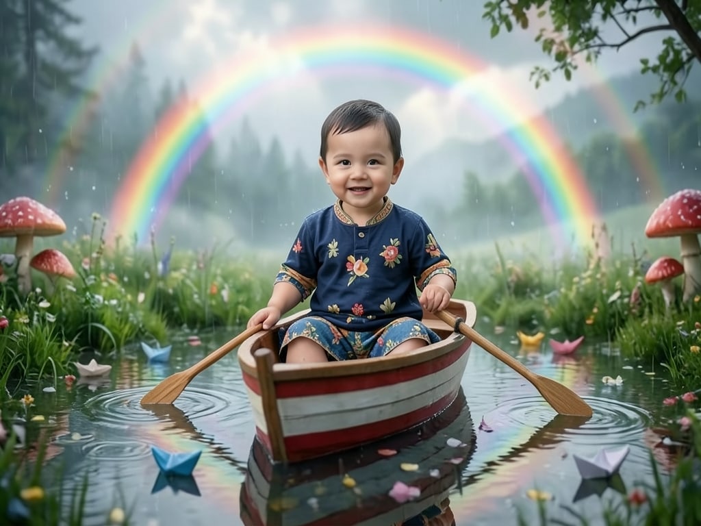 Preview rendered from “Smiling baby sitting in a small wooden boat surrounded by rainwater”