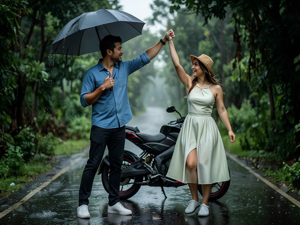 Preview of Romantic Rain Couple Photoshoot With Umbrella and Bike