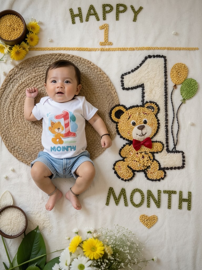 Preview of One-month-old baby lying on a woven mat beside a teddy bear made from colorful grains