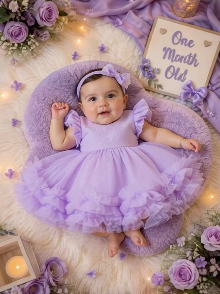 Preview of One-month-old baby girl wearing a lavender dress and bow headband