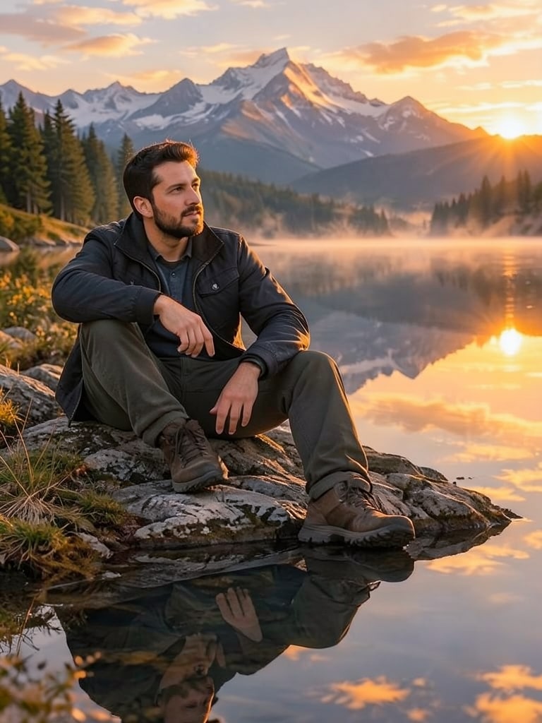 Preview rendered from “Man by alpine lake”