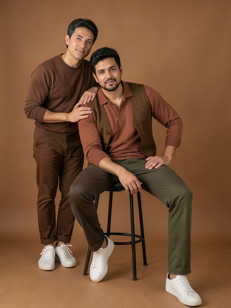 Preview of Couple posing together in a warm brown studio