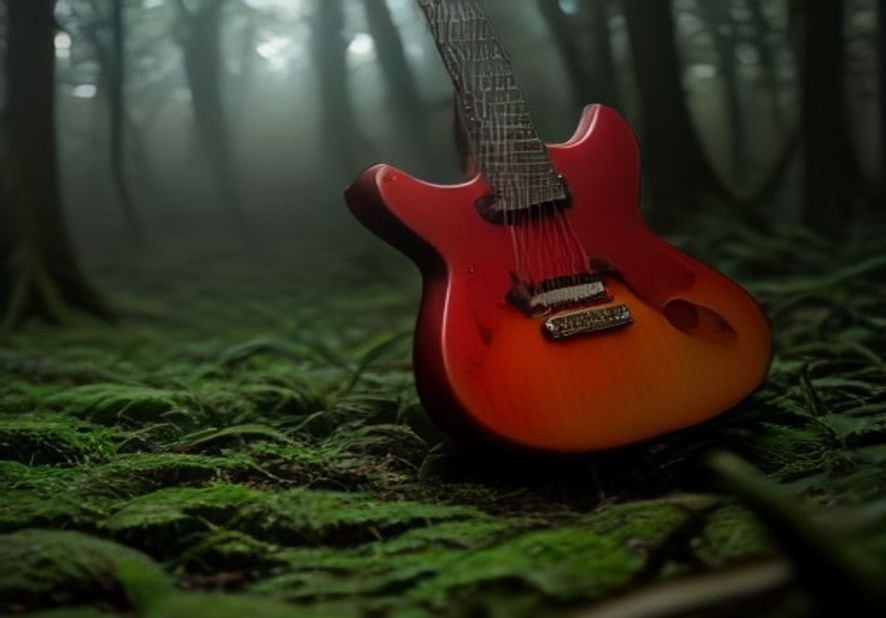Preview of Editorial Red Electric Guitar Forest Shot