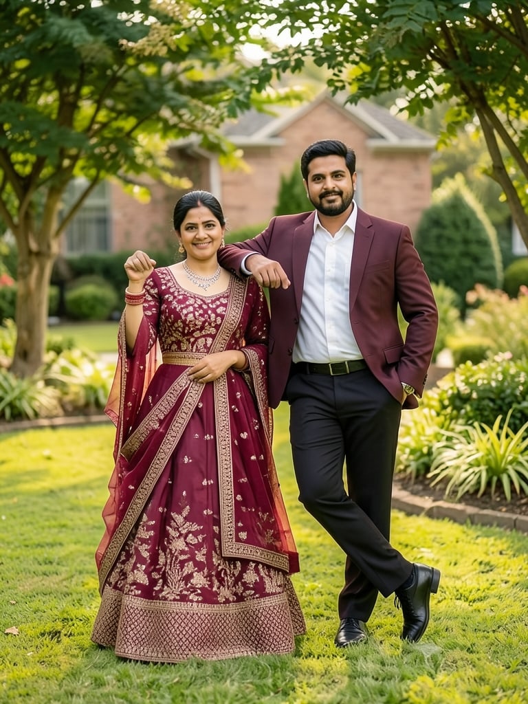 Preview of Romantic couple standing together in a lush garden wearing coordinated maroon outfits