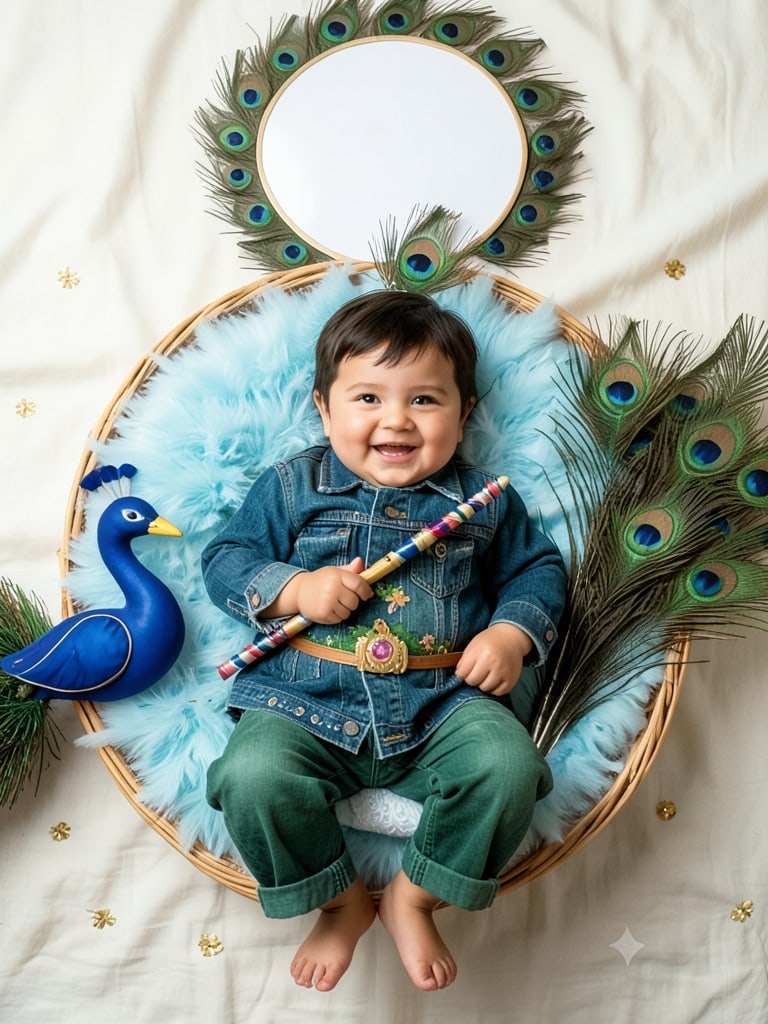 Preview of Krishna Janmashtami Baby Boy Photoshoot With Peacock Feathers