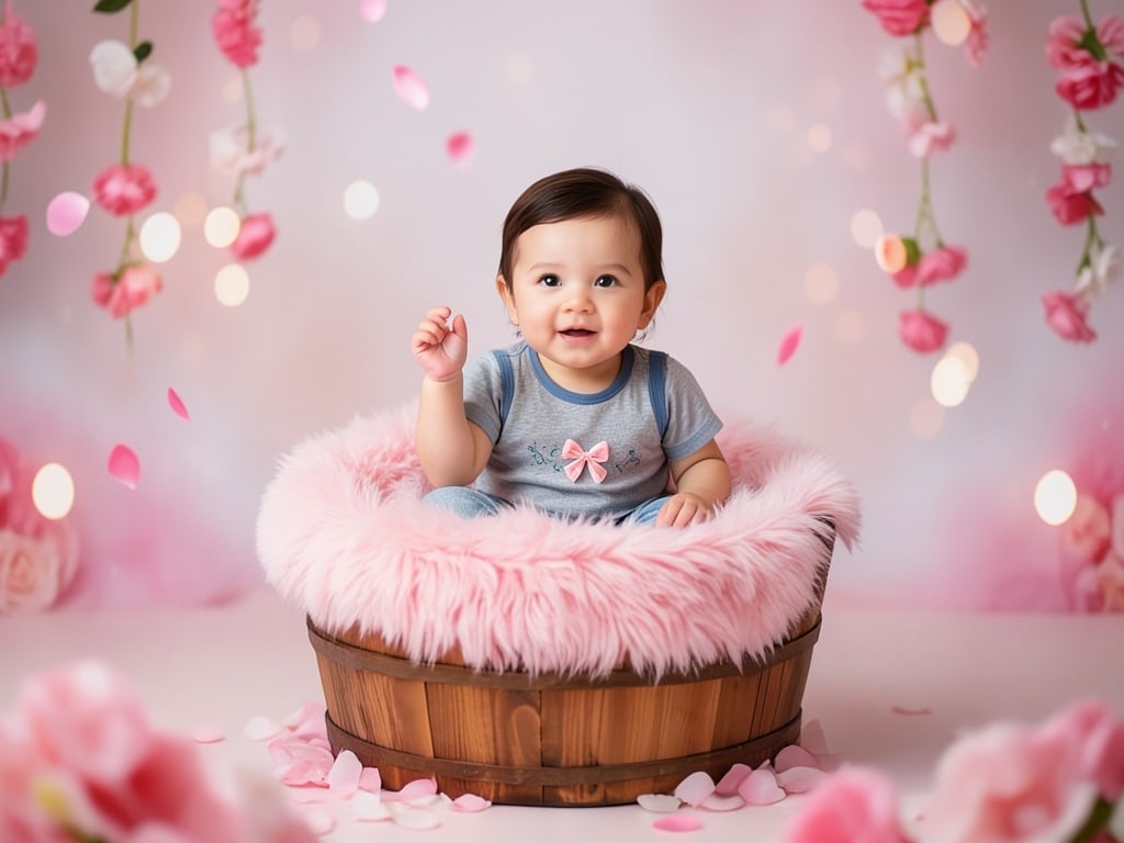 Preview rendered from “Baby Girl Pre Birthday Photoshoot Ideas With Pink Floral Studio Theme”