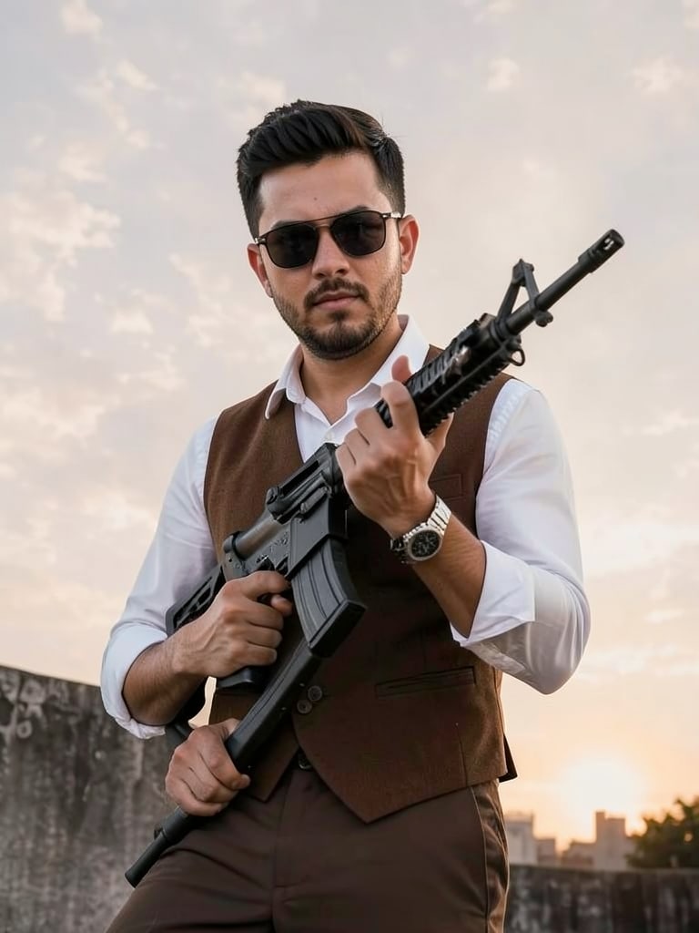 Preview rendered from “Stylish boy inspects rifle”