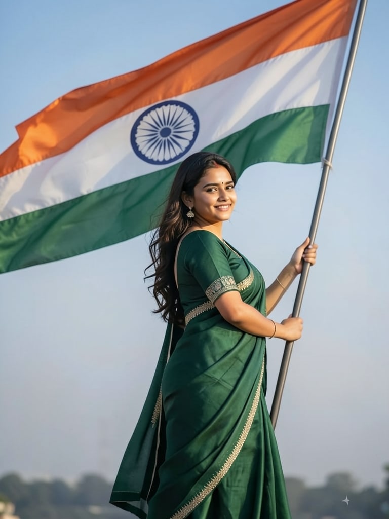 Preview of Young woman in a dark green saree holding a large Indian tricolor flag outdoors against a clear sky