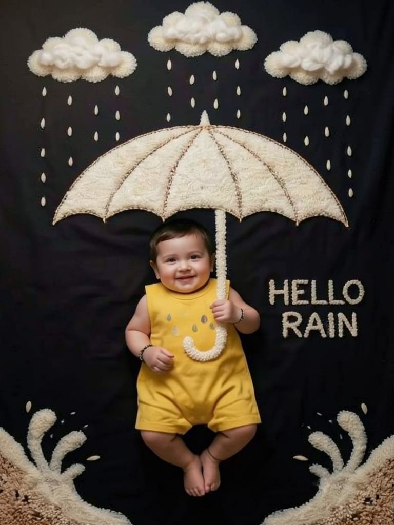 Preview rendered from “Baby in a yellow outfit lying beneath a handcrafted umbrella made from rice”
