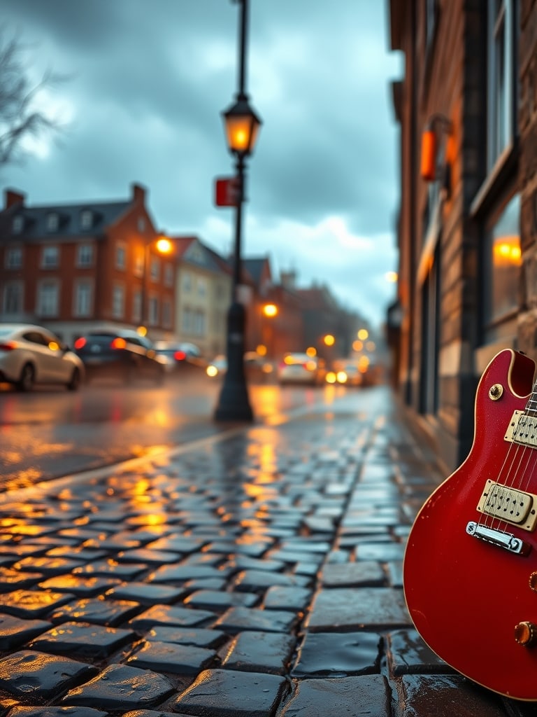 Preview of Editorial Red Electric Guitar Street Shot