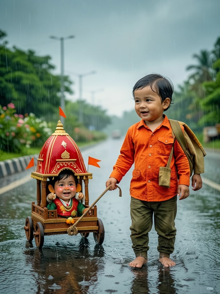 Preview of Jagannath Rath Yatra Baby Photoshoot with Mini Chariot in Rain