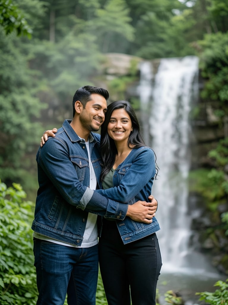 Preview of Romantic couple wearing matching denim jackets embracing in front of a scenic waterfall